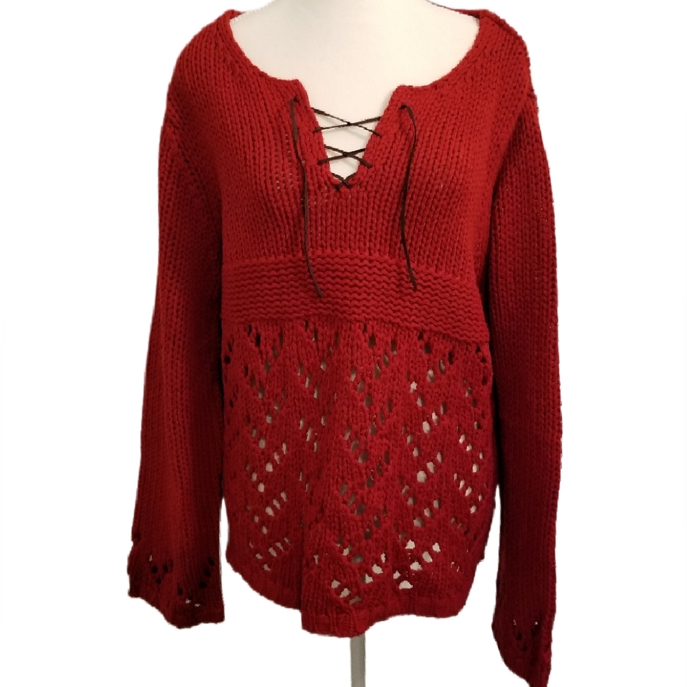 NWT Y2K 90s Plus Venezia Women's Boho Lace Up Crochet/Cable Knit Sweater 14/16